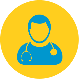 an illustrated physician inside a yellow circle